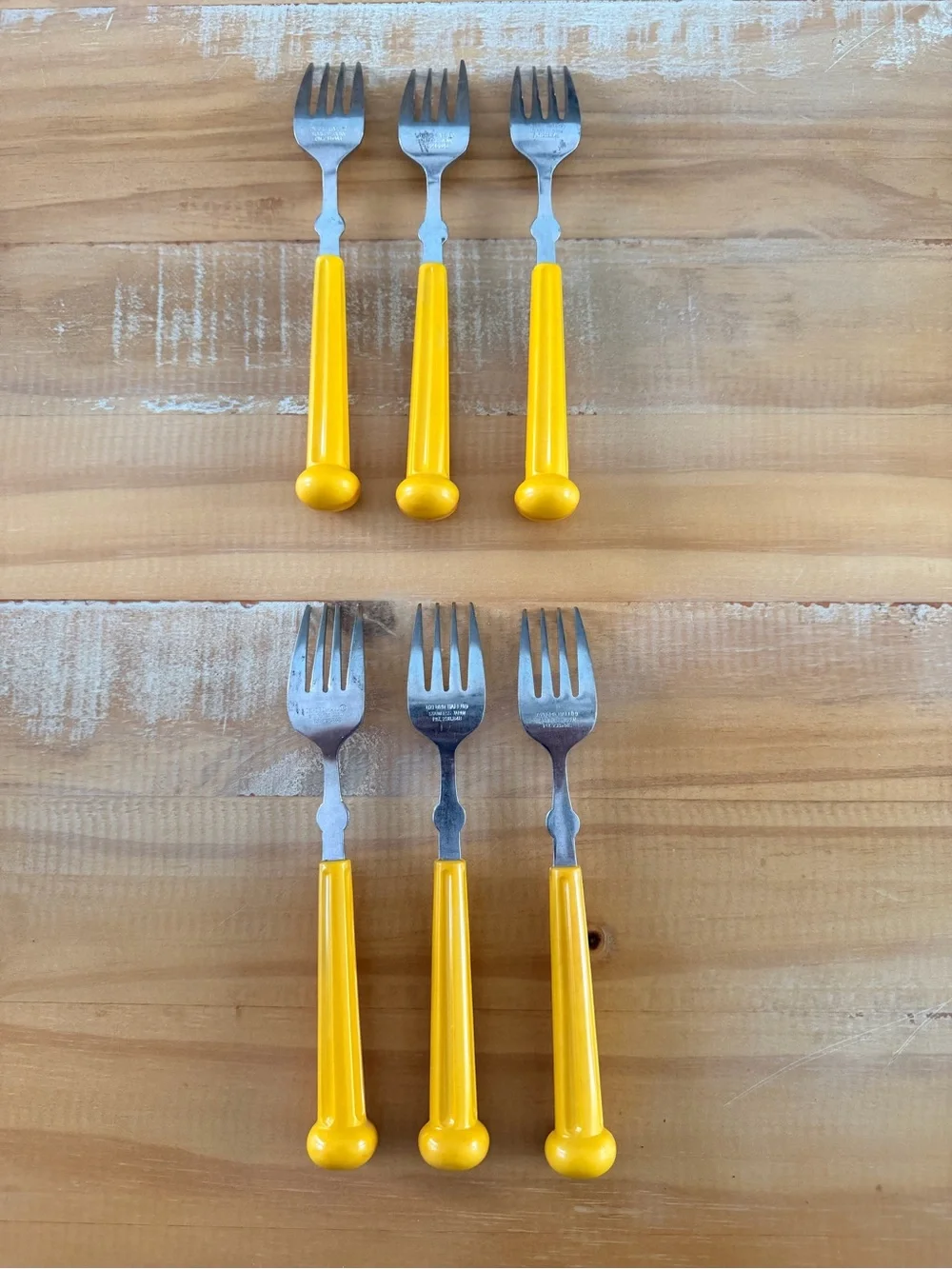 6 Vintage Oxford Hall Stainless Steel Yellow Plastic Handle 7” Forks Utensil